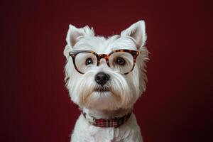 A white dog wearing glasses on a red background photo