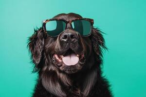A dog wearing sunglasses on a green background photo