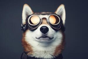 A dog wearing goggles and a hat photo