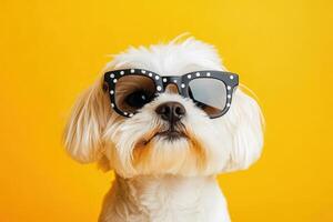 A white dog wearing sunglasses on an orange background photo