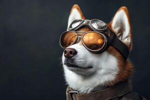 A dog wearing goggles and a leather jacket photo