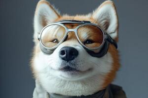 A dog wearing a pilot's helmet and glasses photo