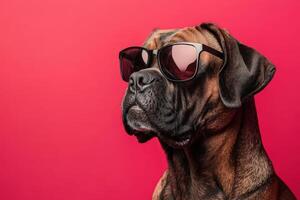 A boxer dog wearing sunglasses on a pink background photo