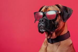 A dog wearing sunglasses on a red background photo