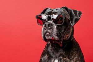 A boxer dog wearing sunglasses on a red background photo