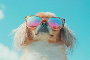 A dog wearing sunglasses in front of a blue sky photo