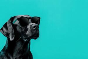 Black labrador dog wearing sunglasses on turquoise background photo