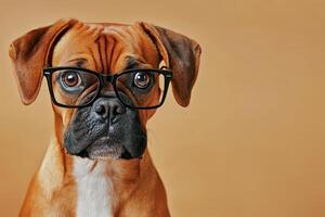 A dog wearing glasses on a brown background photo