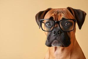 A boxer dog wearing glasses on a yellow background photo