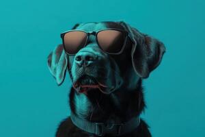 A dog wearing sunglasses on a blue background photo