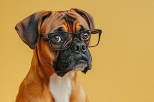 A boxer dog wearing glasses on a yellow background photo