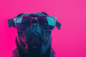 A pug dog wearing sunglasses on a pink background photo