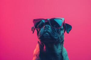 A pug dog wearing sunglasses on a pink background photo