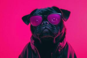 A pug dog wearing sunglasses on a pink background photo