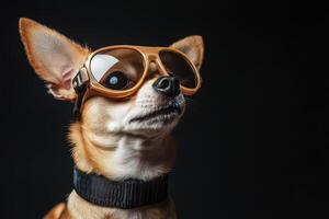 A dog wearing a pair of goggles on a black background photo