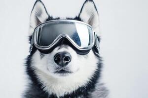 A husky dog wearing a pair of goggles photo