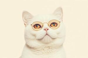 A white cat wearing glasses on a beige background photo