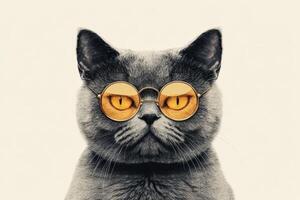 A cat wearing glasses on a white background photo