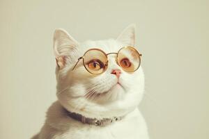 A white cat wearing glasses and looking up photo