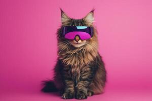 A cat wearing a pair of ski goggles on a pink background photo