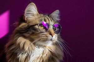A cat wearing glasses on a purple background photo