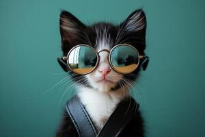 A cat wearing sunglasses and a leather jacket photo
