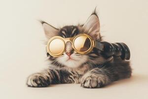 A kitten wearing sunglasses and a hat photo