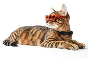 A cat wearing sunglasses on a white background photo
