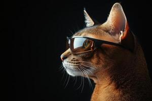 A cat wearing sunglasses on a black background photo