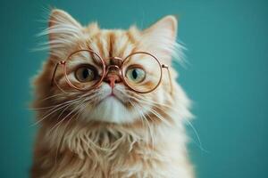 A cat wearing glasses on a blue background photo