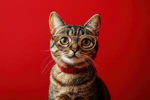 A cat wearing glasses on a red background photo