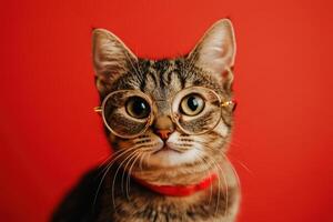 A cat wearing glasses on a red background photo