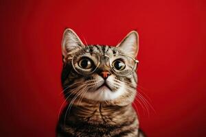 A cat wearing glasses on a red background photo