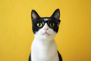 A cat wearing glasses on a yellow background photo