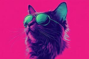 A cat wearing sunglasses on a pink background photo