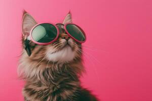 A cat wearing sunglasses on a pink background photo