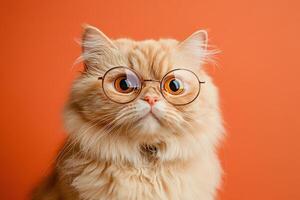 A cat wearing glasses on an orange background photo