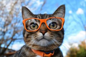 A cat wearing orange glasses photo