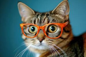 A cat wearing orange glasses on a blue background photo