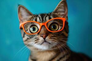 A cat wearing orange glasses on a blue background photo