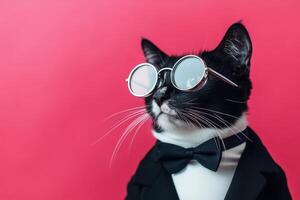 A cat wearing a tuxedo and sunglasses photo