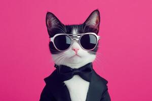 A cat wearing sunglasses and a tuxedo photo