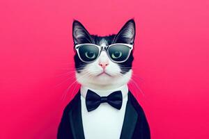 Funny cat in a tuxedo with sunglasses on pink background photo