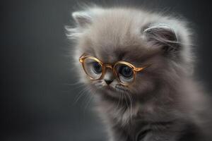 A gray kitten wearing glasses on a dark background photo