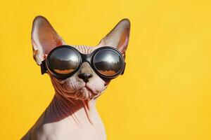 A sphytte cat wearing sunglasses on a yellow background photo