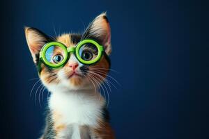 A cat wearing green glasses on a blue background photo
