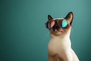 A siamese cat wearing sunglasses on a green background photo