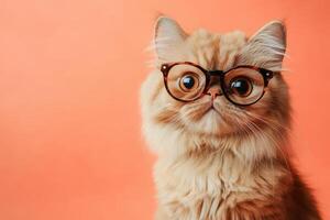 A cat wearing glasses on an orange background photo