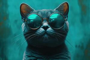 A cat wearing sunglasses and looking at the camera photo