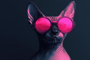 A cat wearing pink sunglasses on a dark background photo